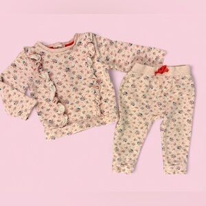Baby Boden Pink Ruffle Floral Sweatshirt & Jogger Matching Set Sz 12-18M